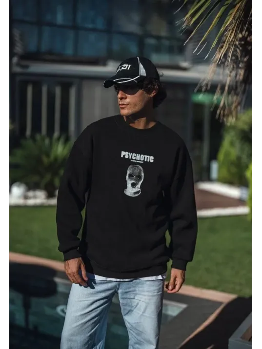Kışlık Bisiklet Yaka Baskılı SweatShirt - Siyah
