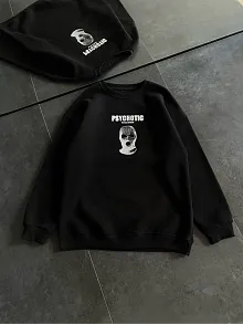 Kışlık Bisiklet Yaka Baskılı Sweatshirt - Siyah