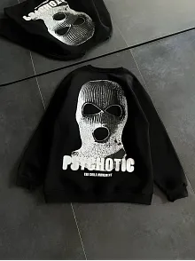 Kışlık Bisiklet Yaka Baskılı Sweatshirt - Siyah
