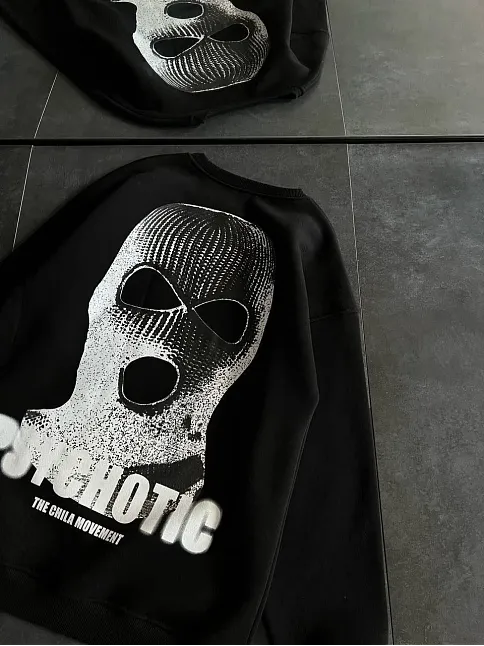 Kışlık Bisiklet Yaka Baskılı Sweatshirt - Siyah