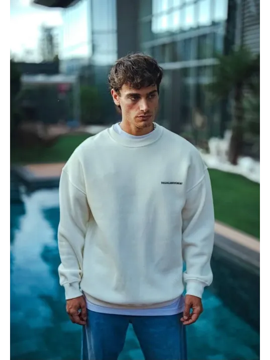 Kışlık Bisiklet Yaka Oversize Baskılı SweatShirt - Beyaz