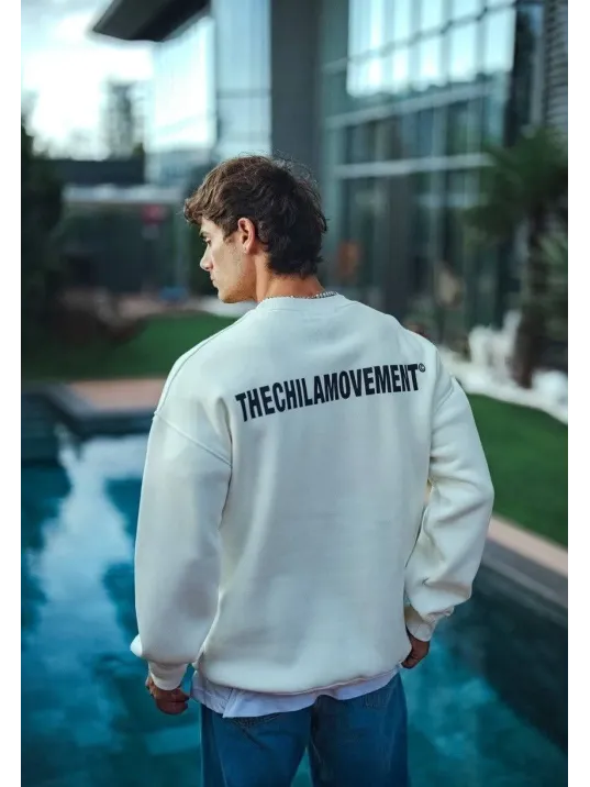 Kışlık Bisiklet Yaka Oversize Baskılı SweatShirt - Beyaz