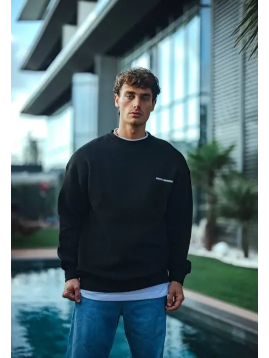 Kışlık Bisiklet Yaka Oversize Baskılı SweatShirt - Siyah