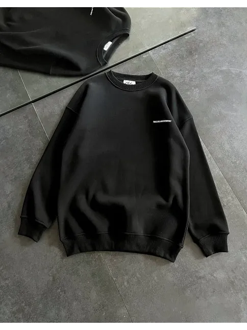 Kışlık Bisiklet Yaka Oversize Baskılı Sweatshirt - Siyah