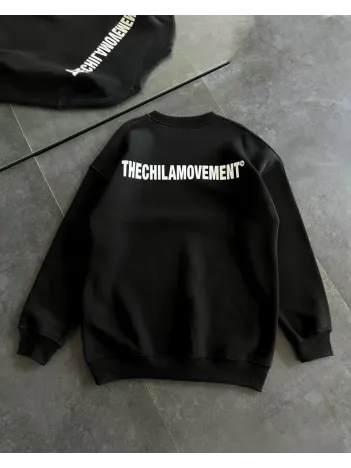 Kışlık Bisiklet Yaka Oversize Baskılı SweatShirt - Siyah