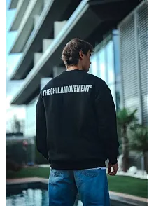 Kışlık Bisiklet Yaka Oversize Baskılı Sweatshirt - Siyah