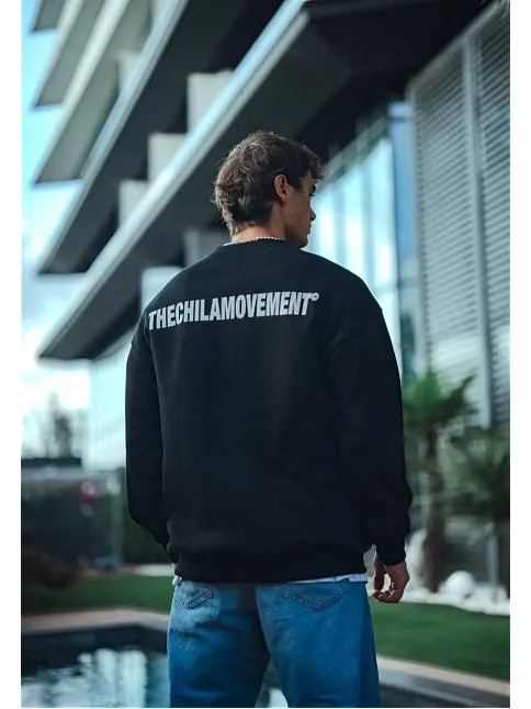 Kışlık Bisiklet Yaka Oversize Baskılı Sweatshirt - Siyah