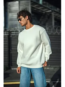 Kışlık Bisiklet Yaka Üç İplik Basic Sweatshirt - Beyaz