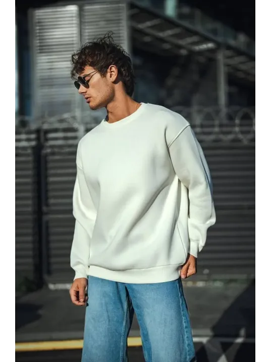 Kışlık Bisiklet Yaka Üç İplik Basic SweatShirt - Beyaz