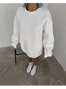 Kışlık Bisiklet Yaka Üç İplik Basic Sweatshirt - Beyaz