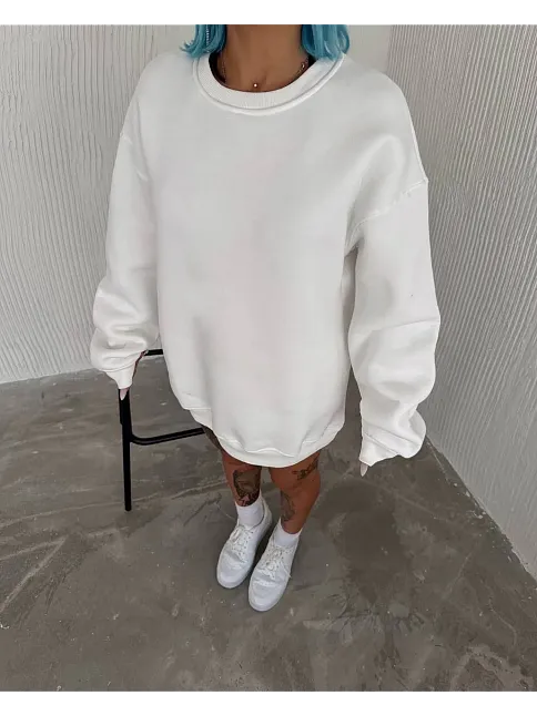 Kışlık Bisiklet Yaka Üç İplik Basic Sweatshirt - Beyaz