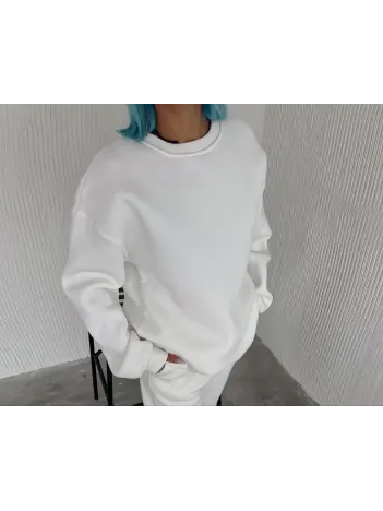 Kışlık Bisiklet Yaka Üç İplik Basic SweatShirt - Beyaz