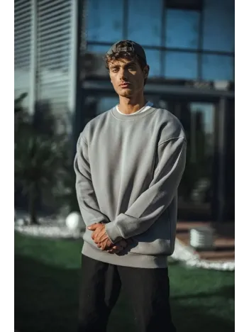 Kışlık Bisiklet Yaka Üç İplik Basic SweatShirt - Boyalı Gri Kışlık Bisiklet Yaka Üç İplik Basic SweatShirt - Boyalı Gri