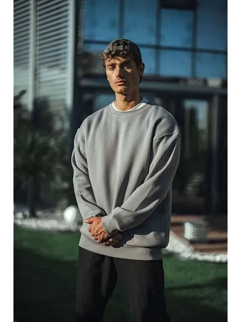 Kışlık Bisiklet Yaka Üç İplik Basic Sweatshirt - Boyalı Gri