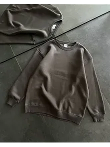 Kışlık Bisiklet Yaka Üç İplik Basic Sweatshirt - Füme