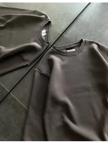 Kışlık Bisiklet Yaka Üç İplik Basic SweatShirt - Füme