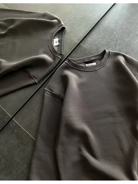 Kışlık Bisiklet Yaka Üç İplik Basic Sweatshirt - Füme