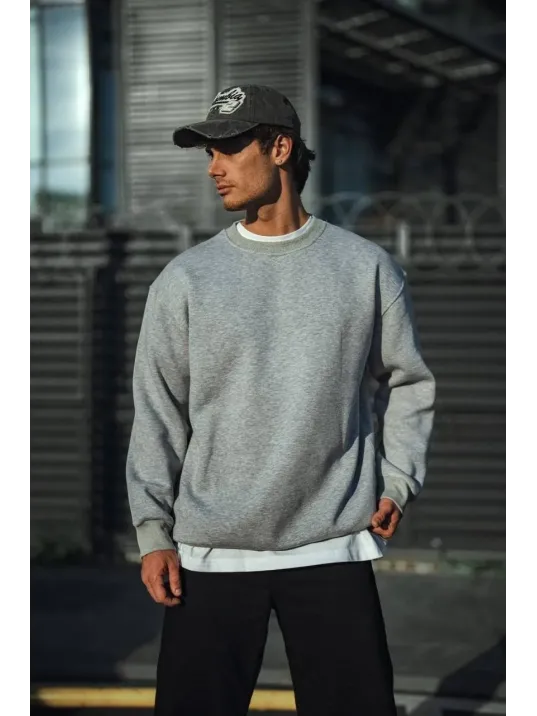 Kışlık Bisiklet Yaka Üç İplik Basic SweatShirt - Gri
