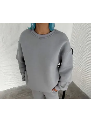 Kışlık Bisiklet Yaka Üç İplik Basic SweatShirt - Gri
