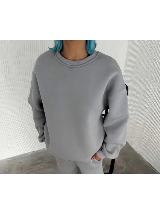 Kışlık Bisiklet Yaka Üç İplik Basic SweatShirt - Gri