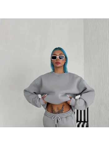 Kışlık Bisiklet Yaka Üç İplik Basic SweatShirt - Gri Kışlık Bisiklet Yaka Üç İplik Basic SweatShirt - Gri