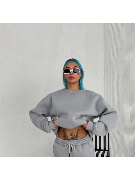 Kışlık Bisiklet Yaka Üç İplik Basic SweatShirt - Gri Kışlık Bisiklet Yaka Üç İplik Basic SweatShirt - Gri