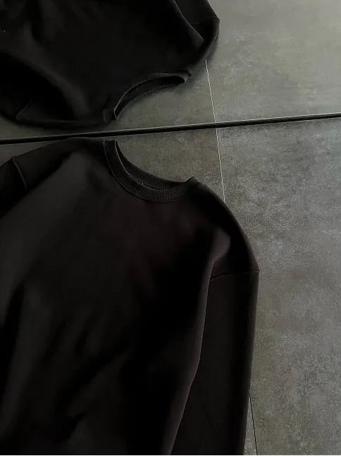Kışlık Bisiklet Yaka Üç İplik Basic Sweatshirt - Siyah
