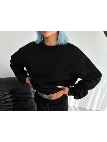 Kışlık Bisiklet Yaka Üç İplik Basic SweatShirt - Siyah Kışlık Bisiklet Yaka Üç İplik Basic SweatShirt - Siyah