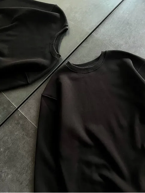 Kışlık Bisiklet Yaka Üç İplik Basic Sweatshirt - Siyah