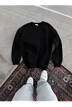 Kışlık Bisiklet Yaka Üç İplik Basic Sweatshirt - Siyah
