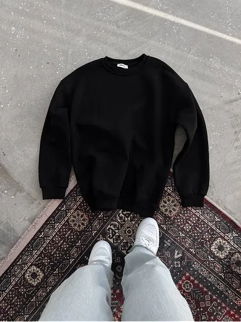 Kışlık Bisiklet Yaka Üç İplik Basic Sweatshirt - Siyah