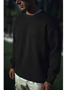Kışlık Bisiklet Yaka Üç İplik Basic Sweatshirt - Siyah