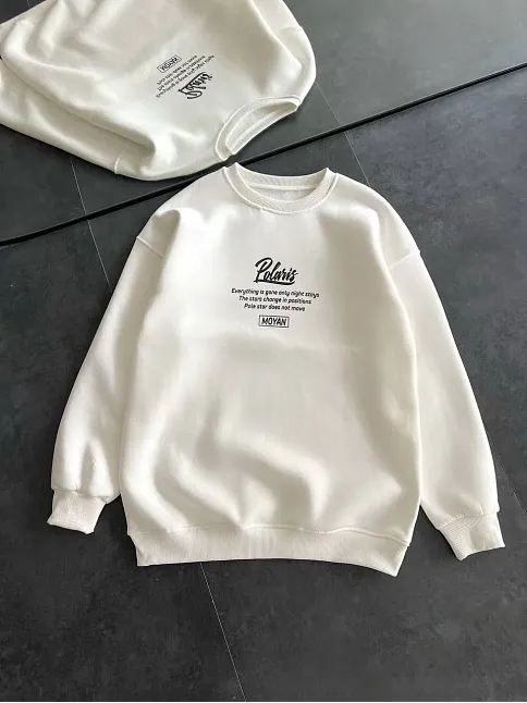 Kışlık Bisiklet Yaka Ön Ve Arka Baskılı Sweatshirt - Beyaz