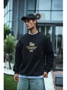 Kışlık Bisiklet Yaka Ön Ve Arka Baskılı Sweatshirt - Siyah