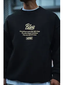 Kışlık Bisiklet Yaka Ön Ve Arka Baskılı Sweatshirt - Siyah