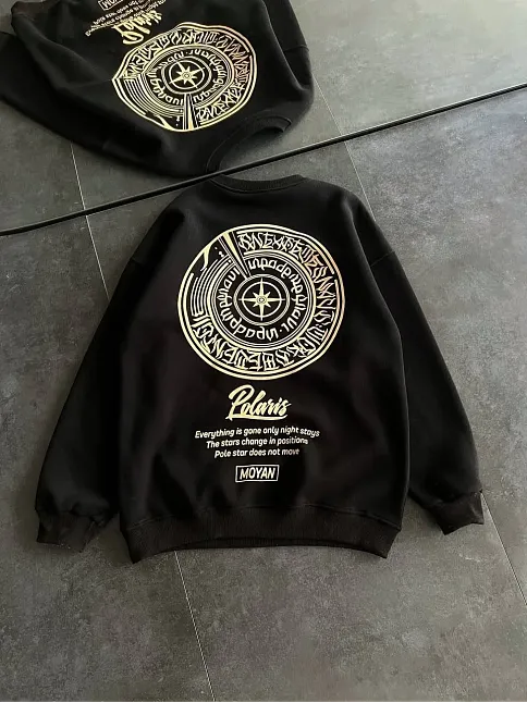 Kışlık Bisiklet Yaka Ön Ve Arka Baskılı Sweatshirt - Siyah