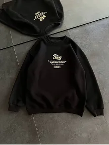 Kışlık Bisiklet Yaka Ön Ve Arka Baskılı Sweatshirt - Siyah