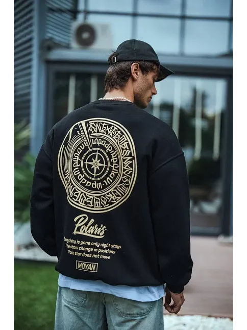 Kışlık Bisiklet Yaka Ön Ve Arka Baskılı Sweatshirt - Siyah