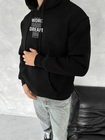 Kışlık Üç İplik Kapüşonlu SweatShirt - Siyah Kışlık Üç İplik Kapüşonlu SweatShirt - Siyah