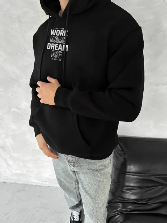 Kışlık Üç İplik Kapüşonlu SweatShirt - Siyah Kışlık Üç İplik Kapüşonlu SweatShirt - Siyah