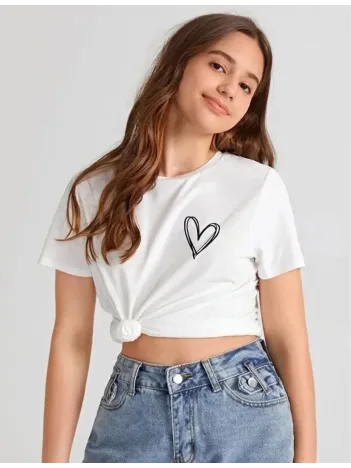 Kız Çocuk Bisiklet Yaka Baskılı T-shirt - Beyaz