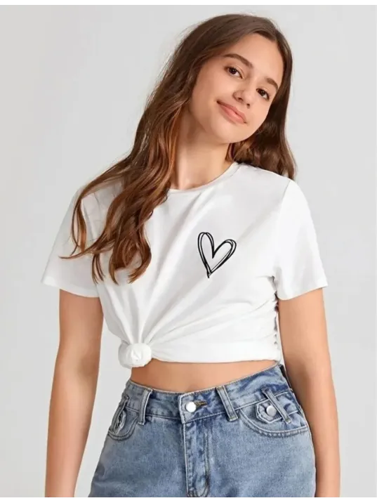 Kız Çocuk Bisiklet Yaka Baskılı T-shirt - Beyaz Kız Çocuk Bisiklet Yaka Baskılı T-shirt - Beyaz