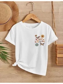Kız Çocuk Bisiklet Yaka Baskılı T-shirt - Beyaz