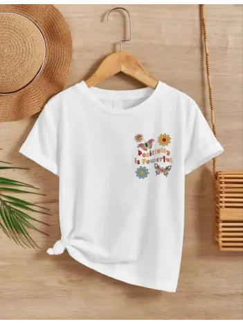 Kız Çocuk Bisiklet Yaka Baskılı T-shirt - Beyaz