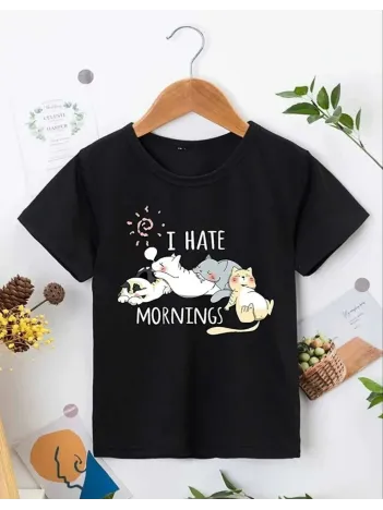 Kız Çocuk Bisiklet Yaka Baskılı T-Shirt - Siyah Kız Çocuk Bisiklet Yaka Baskılı T-Shirt - Siyah