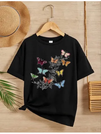 Kız Çocuk Bisiklet Yaka Baskılı T-shirt - Siyah