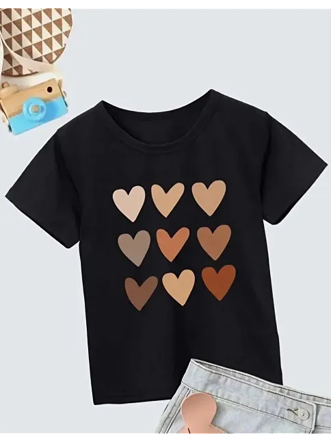 Kız Çocuk Bisiklet Yaka Baskılı T-shirt - Siyah