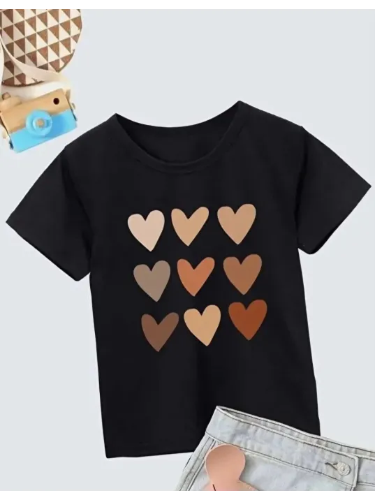 Kız Çocuk Bisiklet Yaka Baskılı T-Shirt - Siyah Kız Çocuk Bisiklet Yaka Baskılı T-Shirt - Siyah