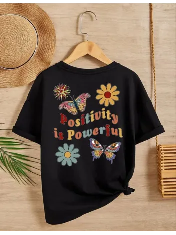 Kız Çocuk Bisiklet Yaka Baskılı T-Shirt - Siyah Kız Çocuk Bisiklet Yaka Baskılı T-Shirt - Siyah