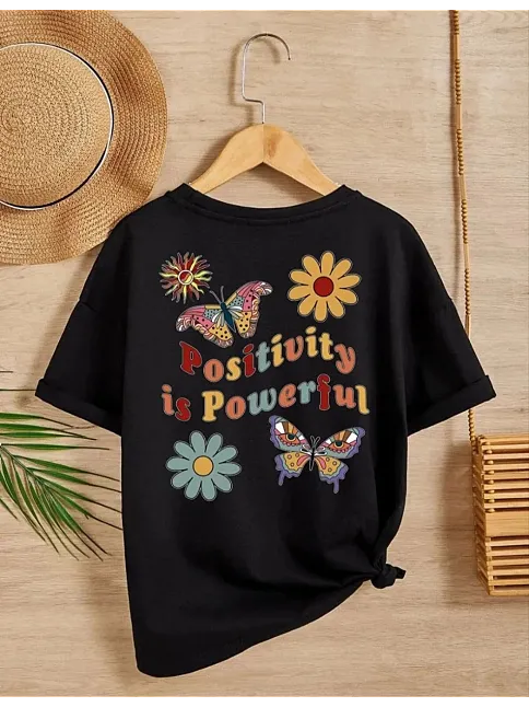 Kız Çocuk Bisiklet Yaka Baskılı T-shirt - Siyah